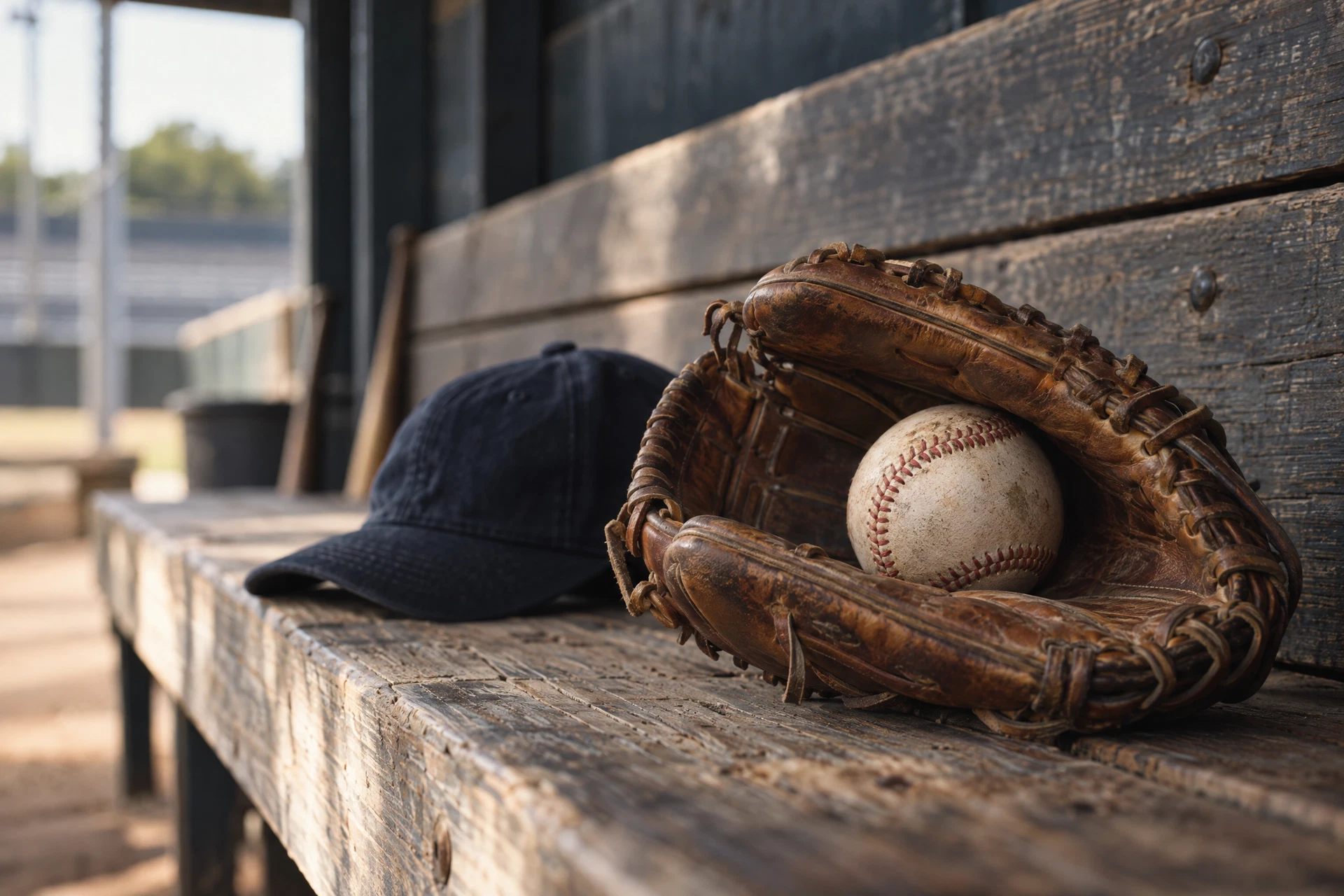 Original baseball illustration of a worn glove and baseball on a dugout bench