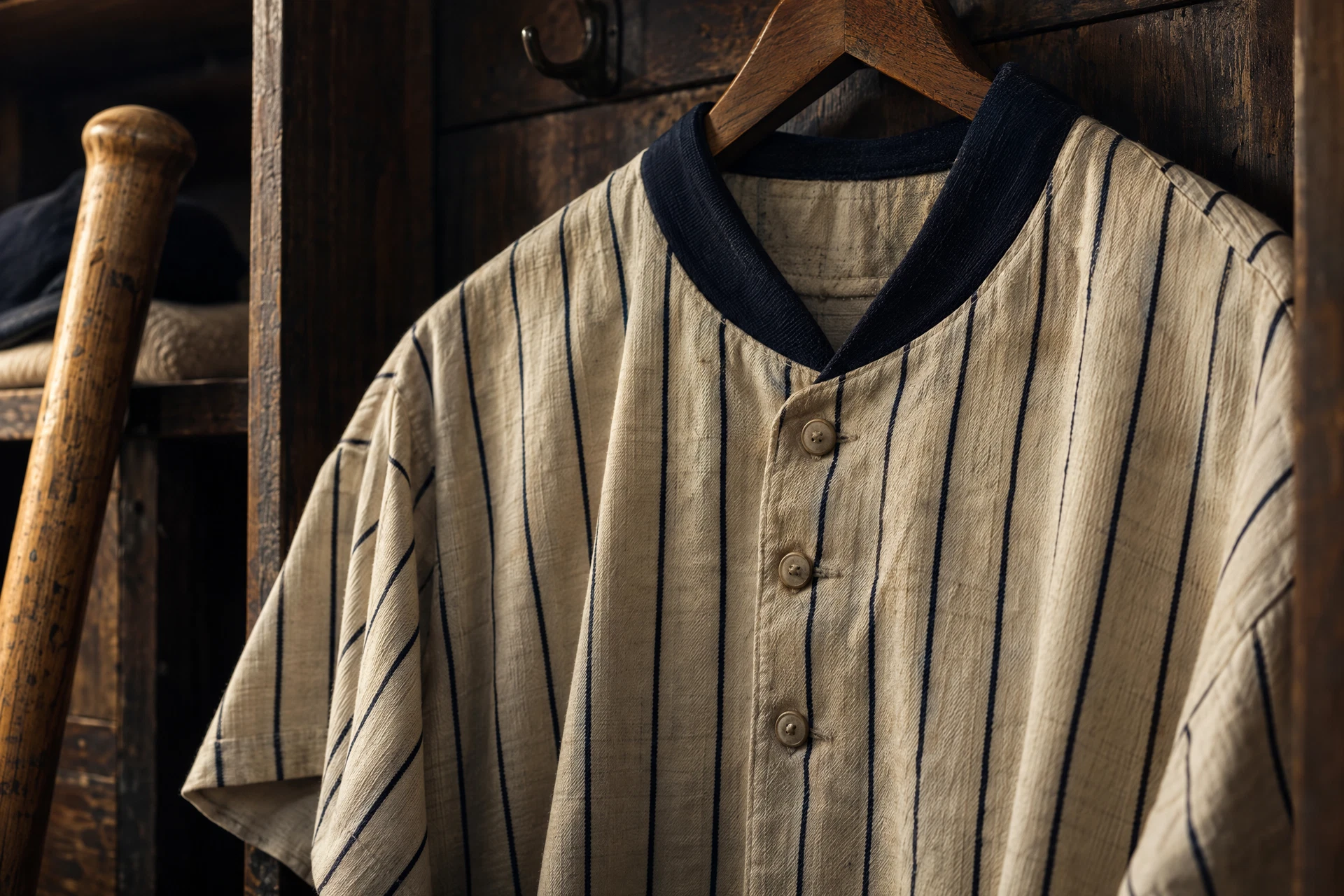 Original baseball illustration of an ivory pinstriped jersey in a wooden locker