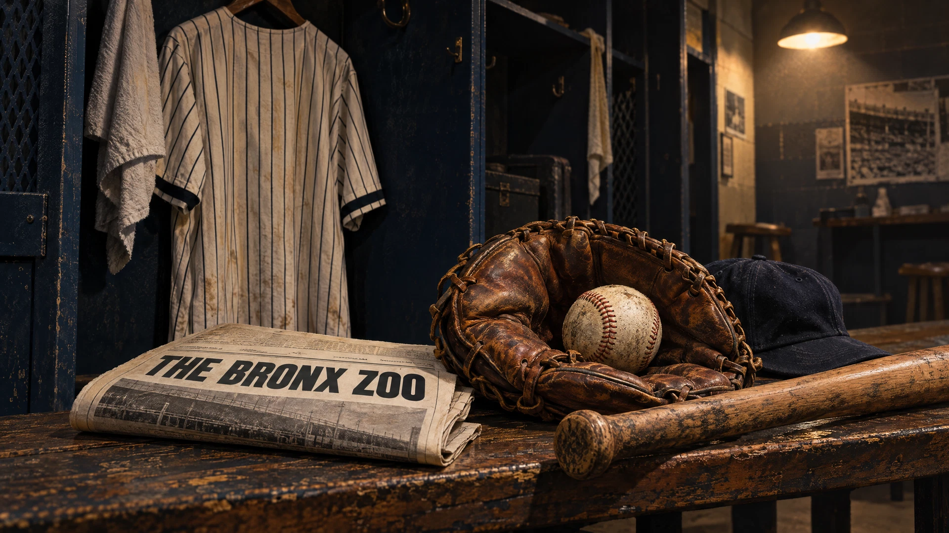Original editorial illustration of a vintage pinstriped jersey, glove, bat, and baseball in a 1970s-inspired clubhouse